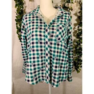 Vintage American Sweetheart Cotton Green Black Plaid Button Down Shirt Wmn Sz PL